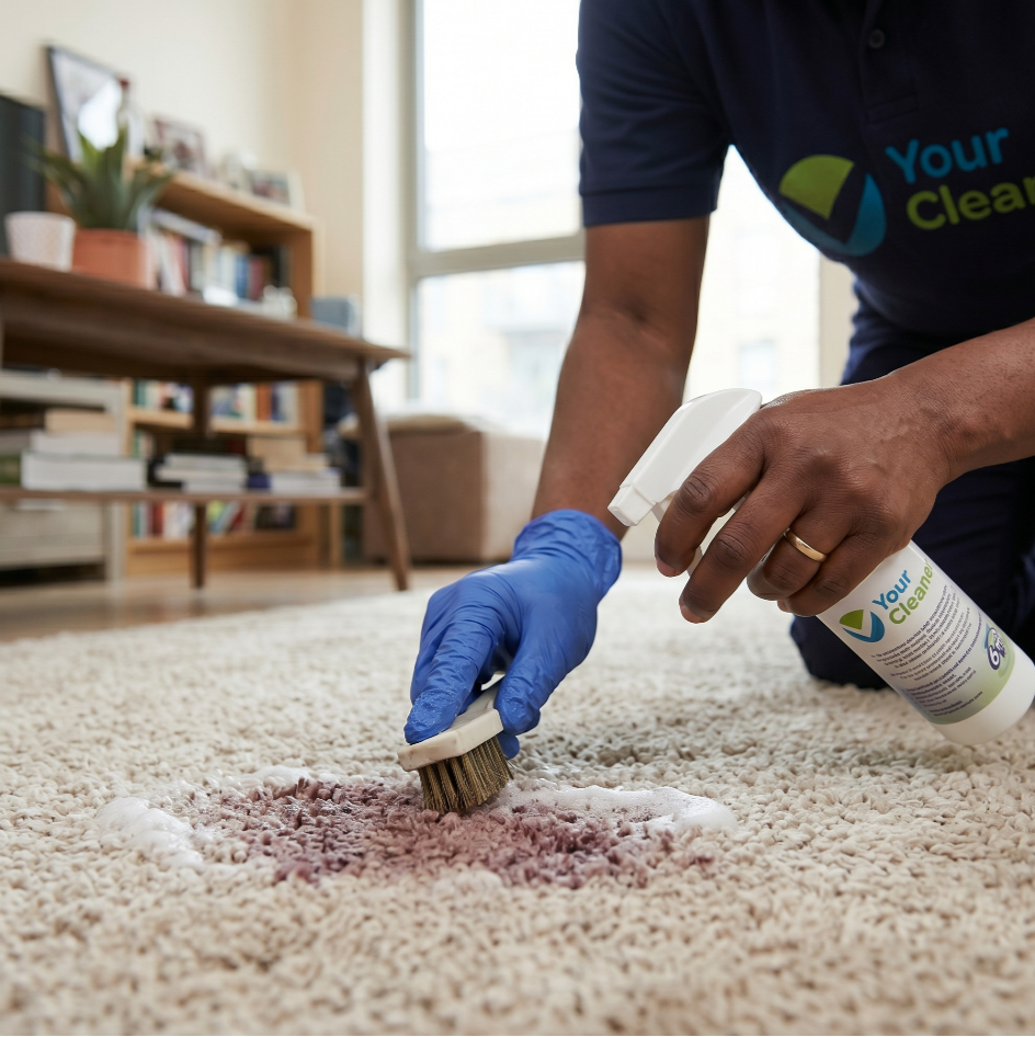 a cleaner applying stain remover to a visible carpet stain