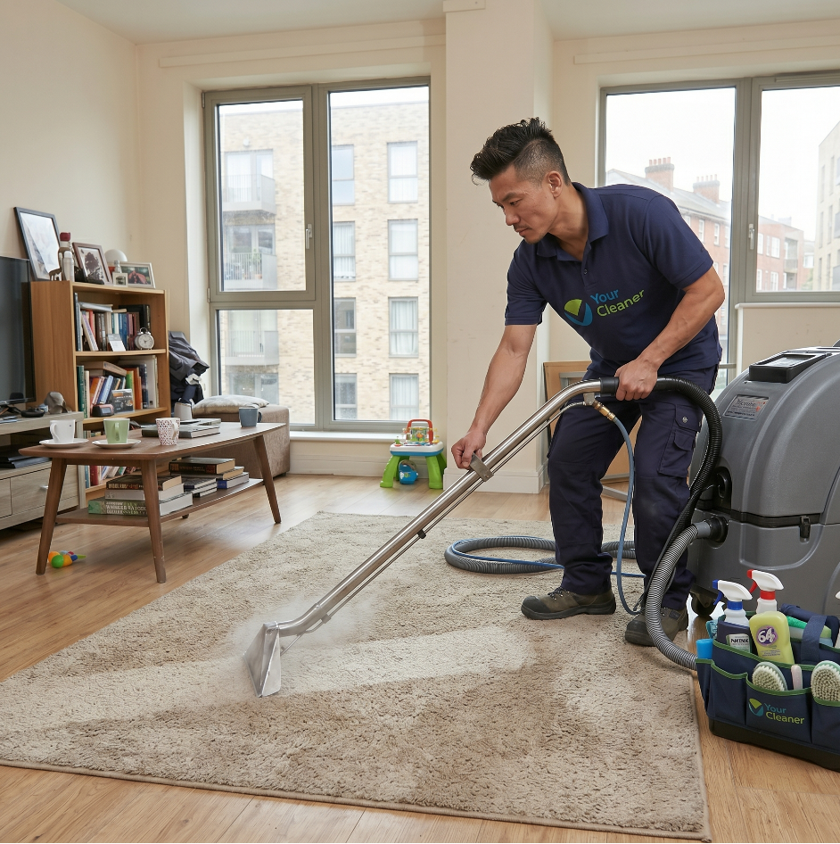 professional cleaner using a hot water extraction machine to clean a carpet