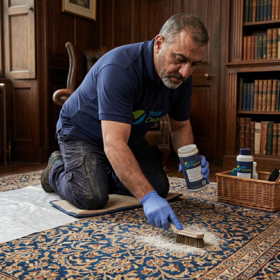 a cleaner applying dry cleaning powder to a delicate rug
