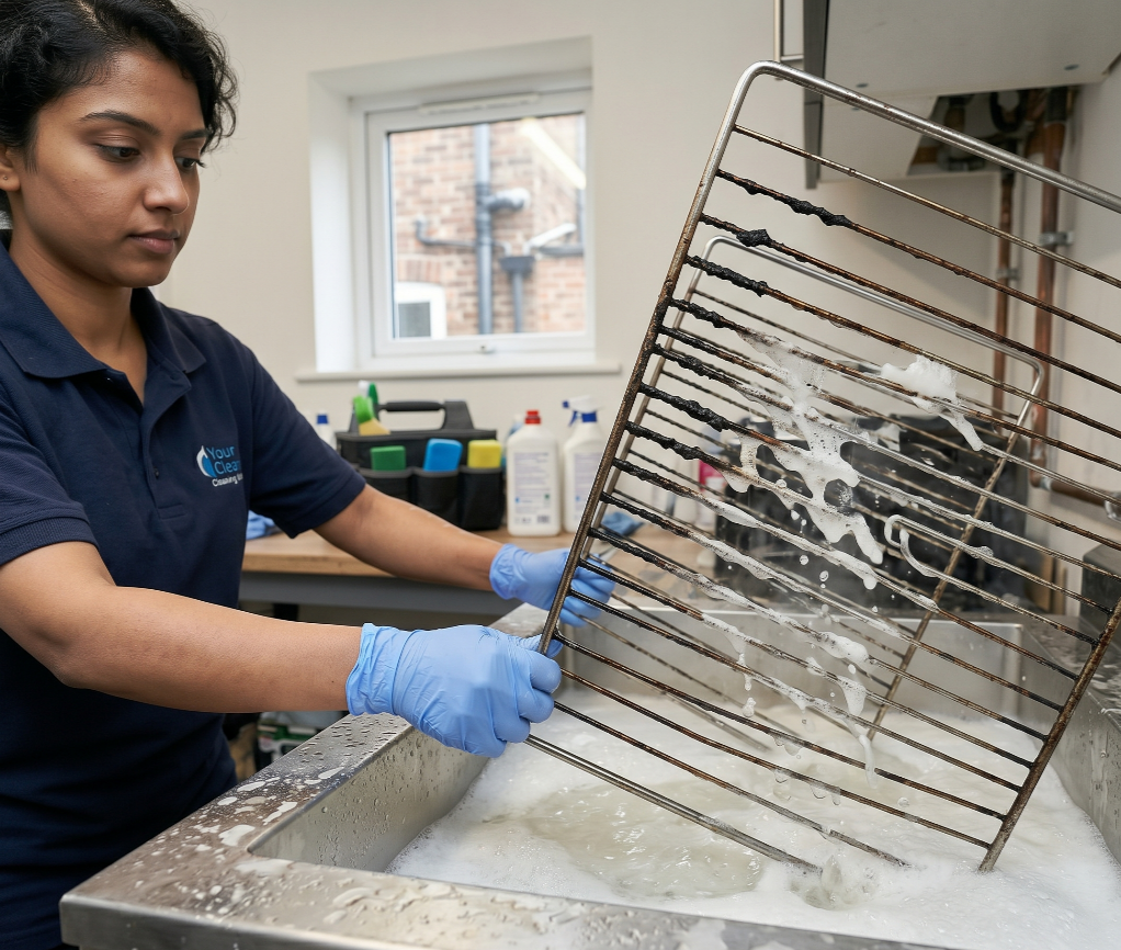 image of oven racks soaking in a professional dip tank during oven cleaning