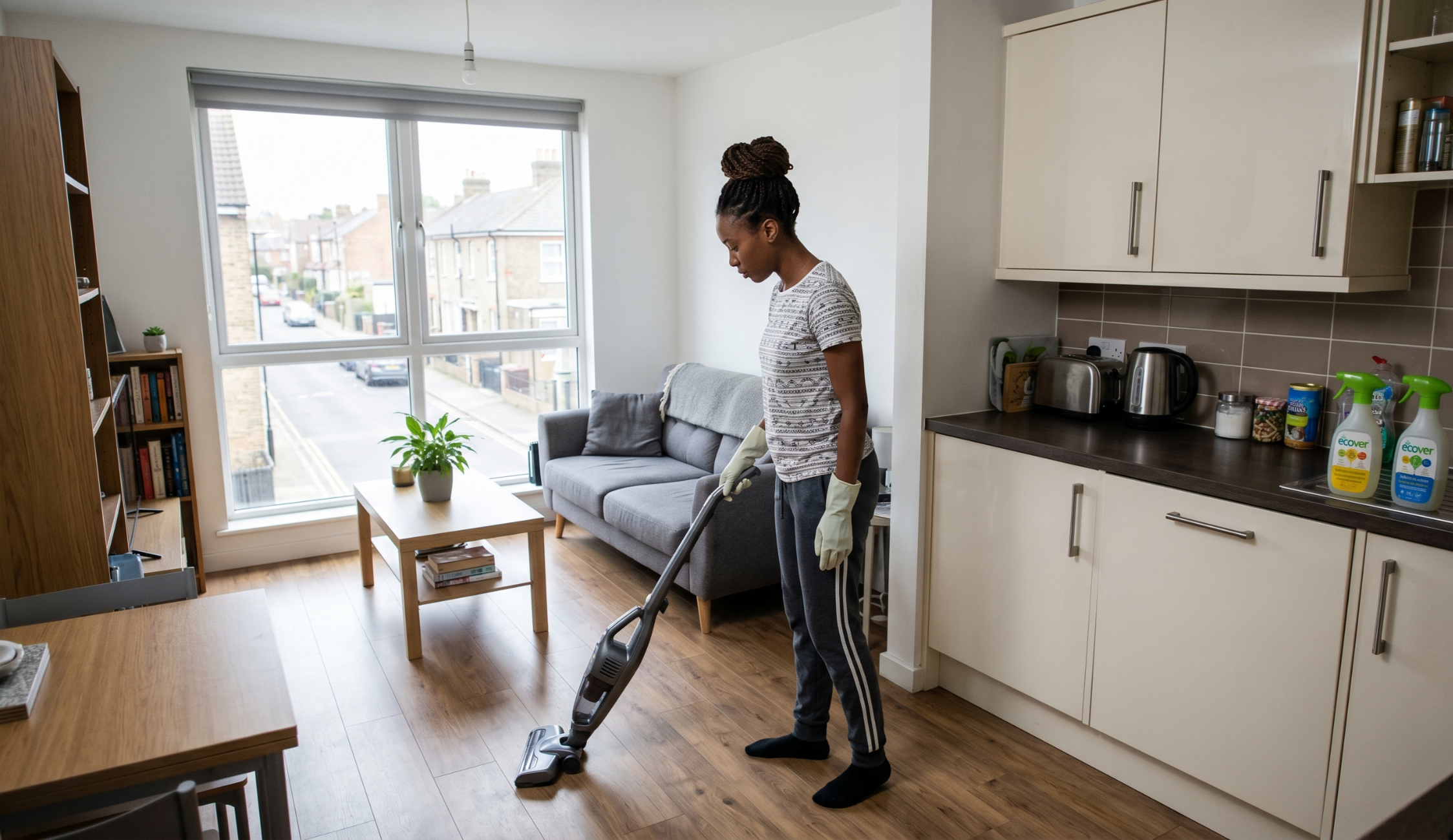 a person cleaning a small flat in a modern UK apartment