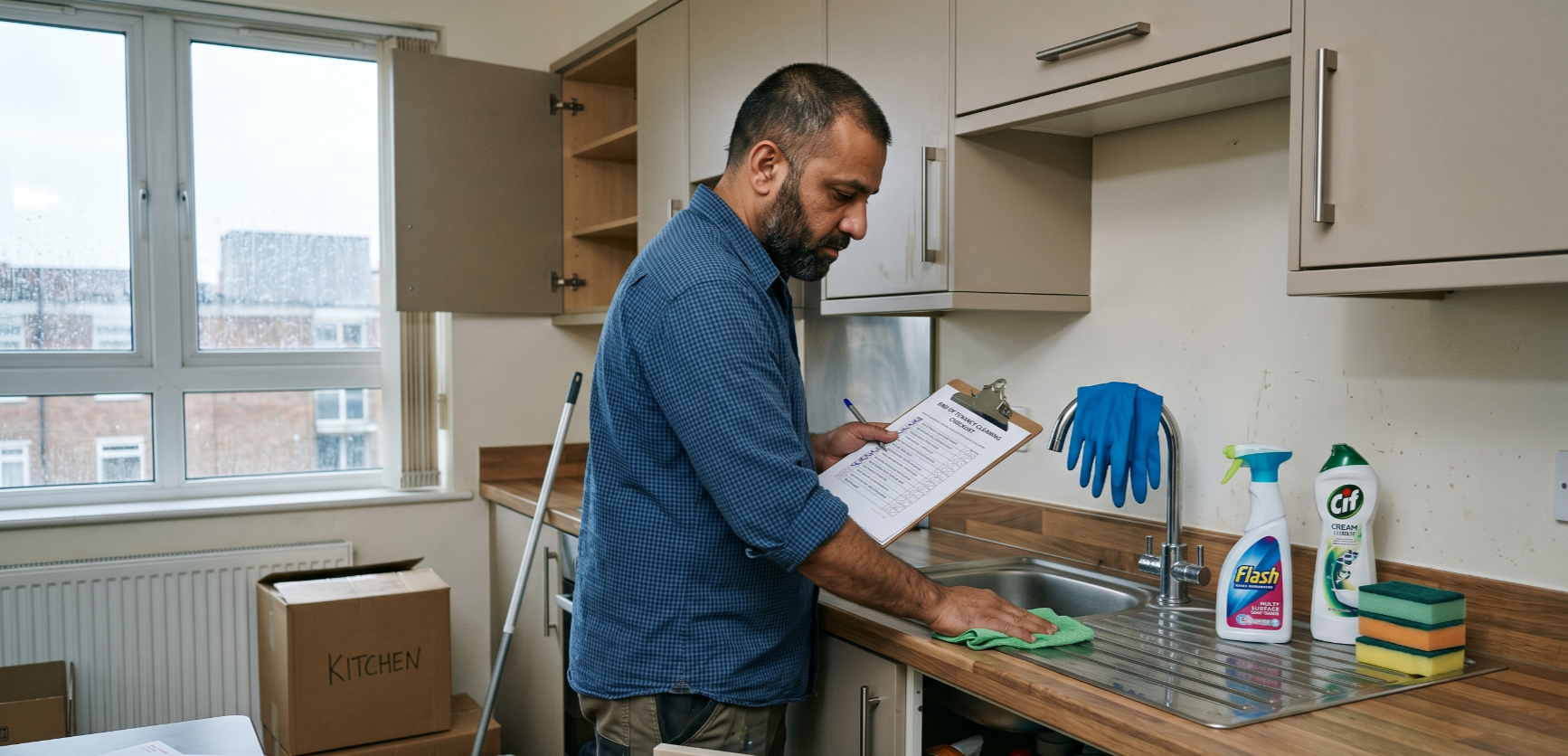 a tenant in a Poplar London flat doing end of tenancy cleaning while following a printed checklist